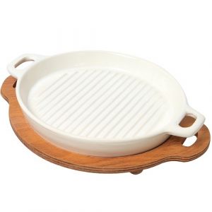 Plat grill rond céramique avec support en bois