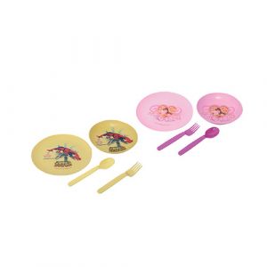 Set de 4 pièces : Assiette, cuillère et fourchette en plastique pour enfant.