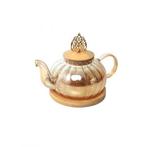 Théière en verre avec dessous en bois
